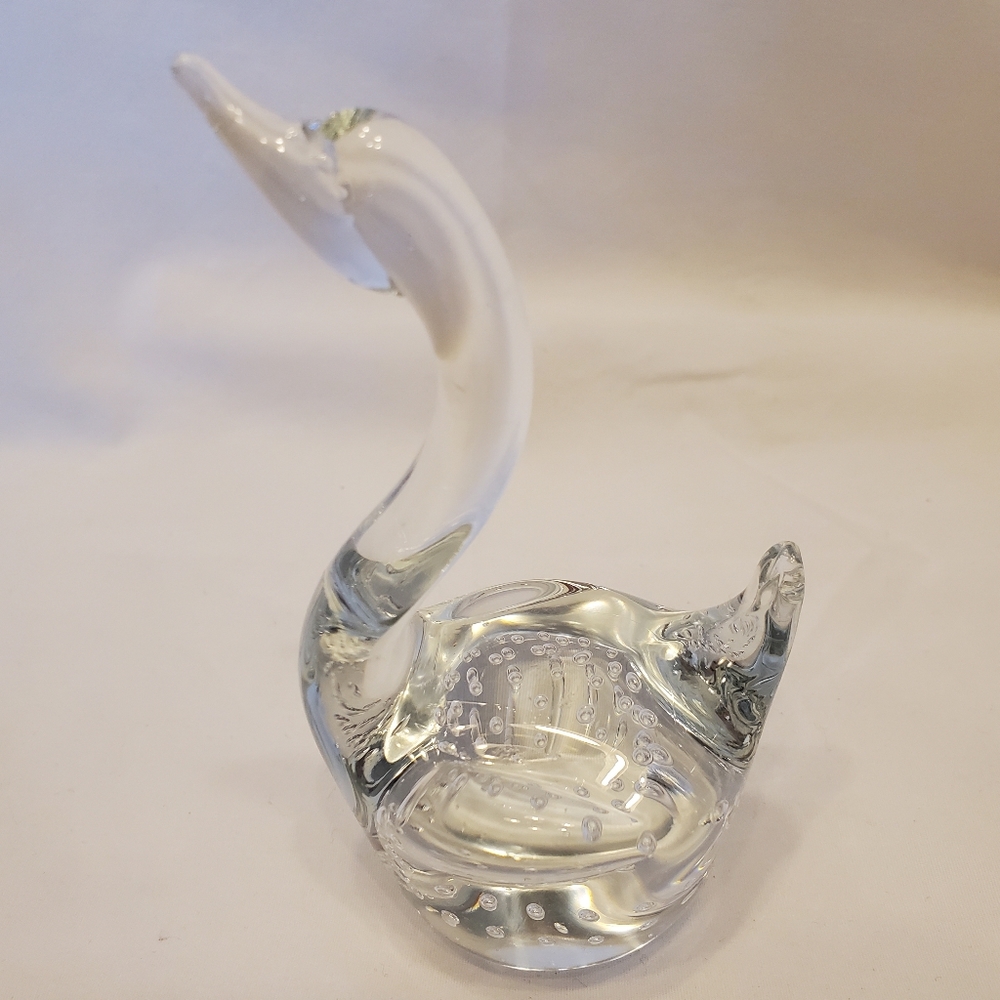 Vintage Hand Blown Clear Bubble Glass Swan Figurine Paperweight